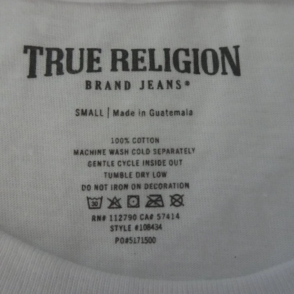 True Religion T-Shirt Men's Size S White Horseshoe Spell Out Logo Cotton